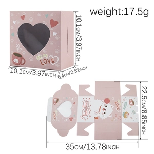 Caja rosa para postres con ventana de corazón y gato, medidas para regalo de San Valentín