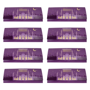 Set of 8 purple Eid Mubarak money holders with gold mosque and crescent moon designs