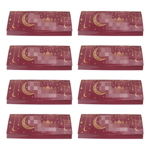Set of 8 red Ramadan gift cards featuring golden mosque silhouettes and crescent moon designs