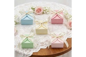 Macaron color wedding candy boxes with scalloped edges and gold-edged ribbon ties