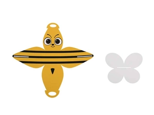 Detailed view of bee-themed flat-pack gift box with white butterfly paper accessory