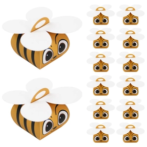 Cartoon bee candy gift boxes with handles and white flower accents for parties