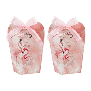Hochzeits-Geschenkboxen mit Flamingo-Motiv, rosa Federtextur und Satin-Schleifen