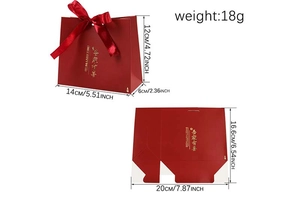 Detail of red wedding gift bag with gold foil text, ribbon bow and precise dimensions