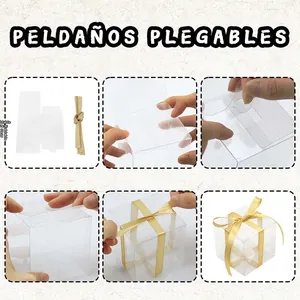 Step-by-step assembly of transparent PVC gift box with elegant gold satin ribbon