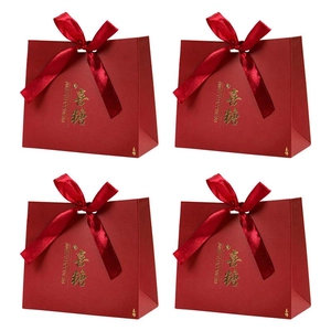 Red Chinese wedding candy gift boxes with gold text and satin ribbon bow set of four
