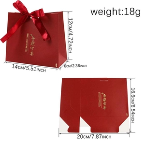 Red Chinese wedding candy gift box with gold lettering and satin bow, 14x12x6cm size
