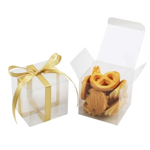 Scatola regalo quadrata in PVC trasparente da 7 cm con nastro in seta dorata per nozze