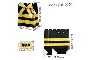 Flat lay showing dimensions and assembly of bee-themed candy box with yellow bow