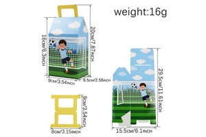 Vue à plat de la boîte cadeau football avec motif gardien et dimensions de montage