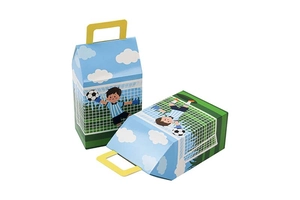 Détail de boîtes cadeaux de fête de football avec illustration de gardien et poignées