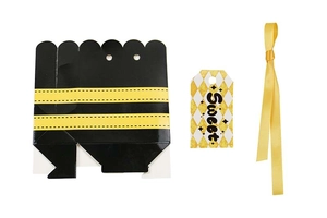 Detailed view of bee-themed favor box set with yellow ribbon and Sweet gift tag