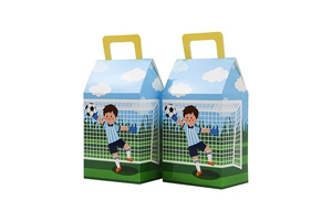 Détails de boîtes cadeaux de football avec motifs de gardien et poignées jaunes