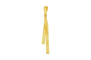 Detailed view of glossy yellow satin ribbon bow with elegant hanging loop for gift boxes