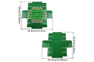 Vue à plat des dimensions de la boîte cadeau de football avec graphismes de terrain