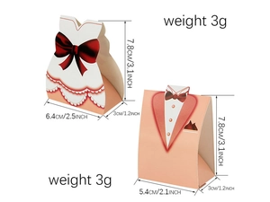 Detailed product size guide for pink bride and groom tuxedo wedding favor paper gift boxes
