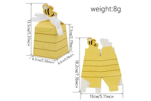 Flat lay showing assembly structure and size dimensions of bee theme candy box