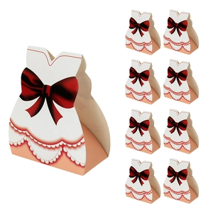 Pink European style wedding candy box in dress shape with red bow and lace details