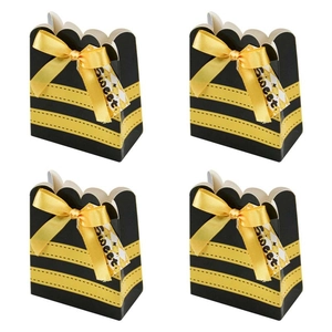 Set of four black and gold striped bee themed candy gift boxes with sweet tags and bows