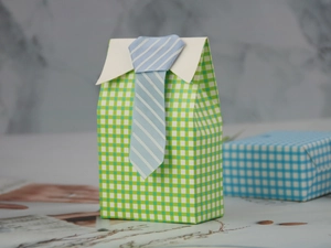 Detail view of shirt-shaped candy gift box with green plaid pattern and blue striped tie