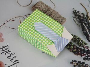 Macro view of green checkered gift box in shirt shape with blue striped necktie detail