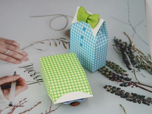 Detail of creative shirt-shaped wedding candy boxes with blue and green plaid patterns