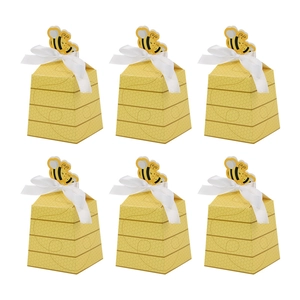 Cute Bee Themed Trapezoid Candy Box For Baby Shower Wedding Favors Honeycomb Pattern Cardboard Gift Box With White Satin Ribbon And Cartoon Bee Topper