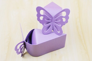 Macro view of purple pearlescent paper candy box with laser-cut butterfly detail