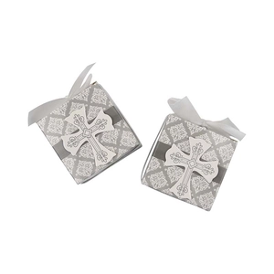 European style damask pattern wedding candy gift box with cross and white ribbon bow