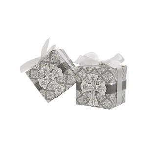 European wedding favor boxes with grey damascus pattern and white cross charm