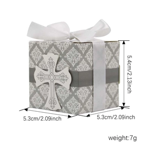 European white cross gift box with damask pattern and silk ribbon, 5.3x5.4cm size