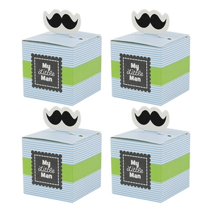 Pack of four My Little Man themed candy boxes with blue stripes and mustache design