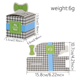 Creative plaid candy box with blue ribbon and My Little Man bowtie tag for parties