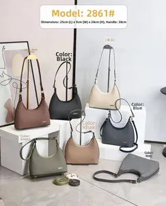 Detailed size chart for crescent shoulder bag showing 25x24x9 cm with multi-color options
