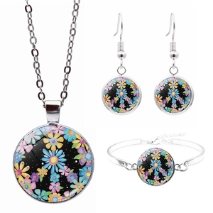 Peace Sign Floral Glass Cabochon Necklace Bracelet Hook Earrings Bangle Alloy Bohemian Retro Anti War Accessory Women