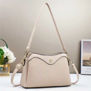 Elegant beige striped multi-layer crossbody shoulder bag with golden hardware and logo