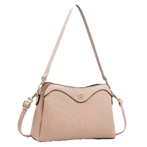 Pink striped multi-layer crossbody shoulder bag with golden logo and lychee leather trim