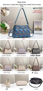 Detailed view of patterned crossbody bag features, dimensions, and multi-layer storage