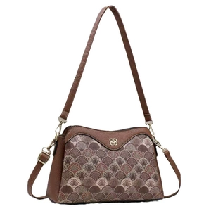 Brown vintage shoulder bag with shell pattern print and golden BB logo on white background