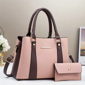 Pink and brown patchwork handbag and wallet set with detachable shoulder strap