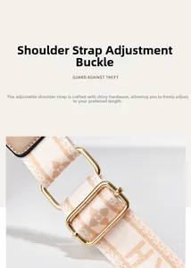 Close-up of adjustable fabric shoulder strap with geometric pattern and gold hardware