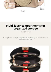 Detailed view of monogram shoulder bag showing 21x11cm dimensions and interior storage pockets