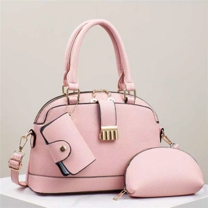 Pink 3-piece bag set with tote, pouch, and purse featuring premium lychee pattern leather