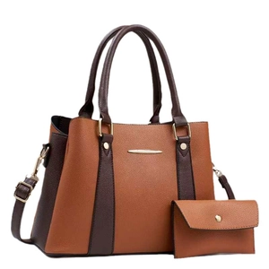 Chic two-piece tote bag and pouch set in brown and caramel faux leather with gold accents