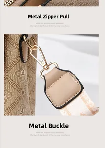 Detail of premium golden hardware zipper and clip with stylish monogram printed shoulder strap