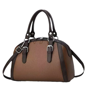 Minimalist patchwork leather satchel bag in brown with adjustable shoulder strap