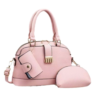 Pink three-piece tote set featuring a shell-shaped crossbody bag and matching pouches