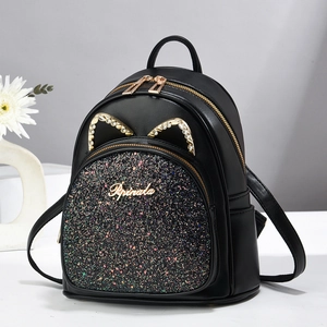 Mini Mochila de Cuero PU de Moda para Mujer Con Lindas Orejas de Gato de Strass Bolsillo Delantero de Lentejuelas Pequeño Bolso de Viaje para Niñas
