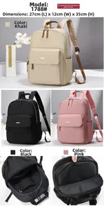 Detailed interior storage layout and multi-angle view of the 27x12x35cm travel backpack