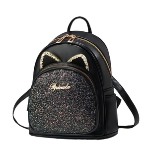 Mini mochila negra de cuero PU con lentejuelas brillantes y orejas de gato de strass